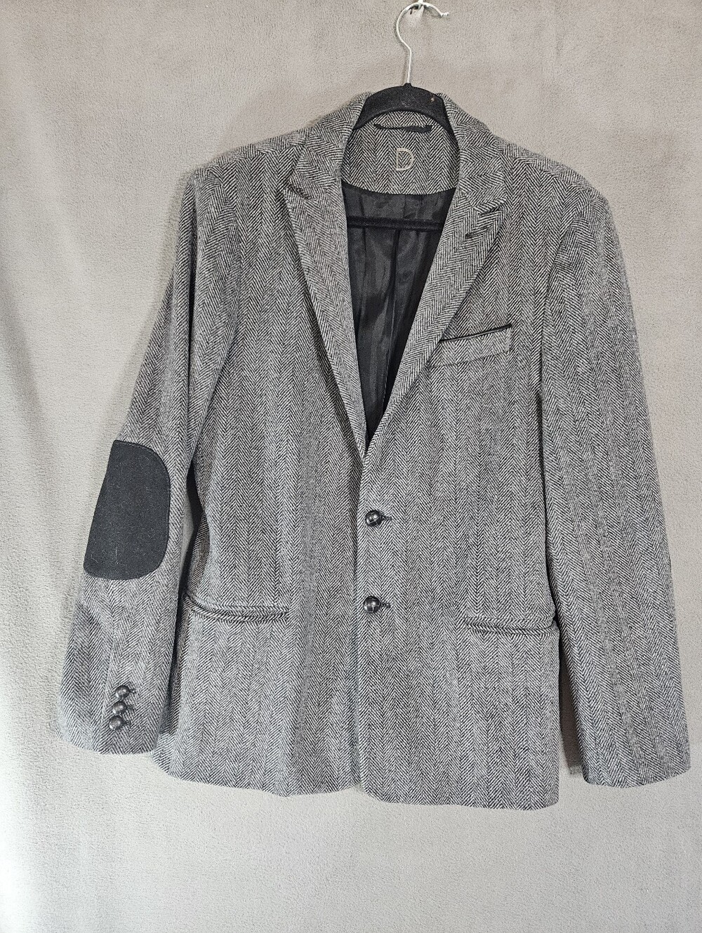 Troy Smith Wool Tweed Blazer Jacket Gray Black Herringbone Elbow Patches Medium